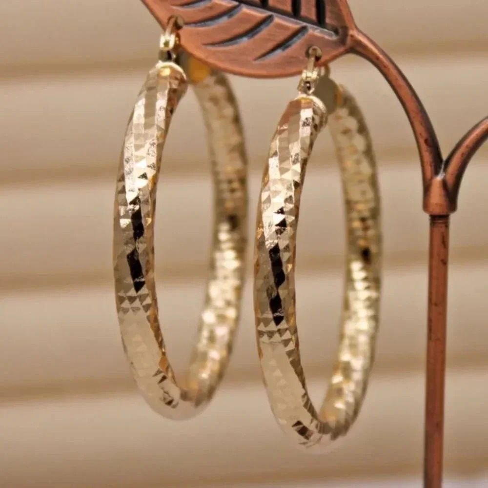 NEW 18K Gold Big Vintage Hoop Textured Drop Earrings 2 inch Hoops
